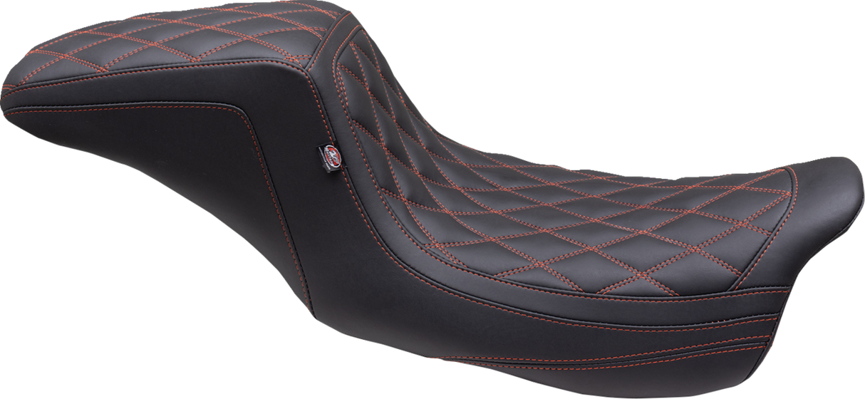 MUSTANG One Piece 2-Up Squareback Seat - Double Diamond - American Beauty Red/Orange Stitch - FL '08-'24 75299AB