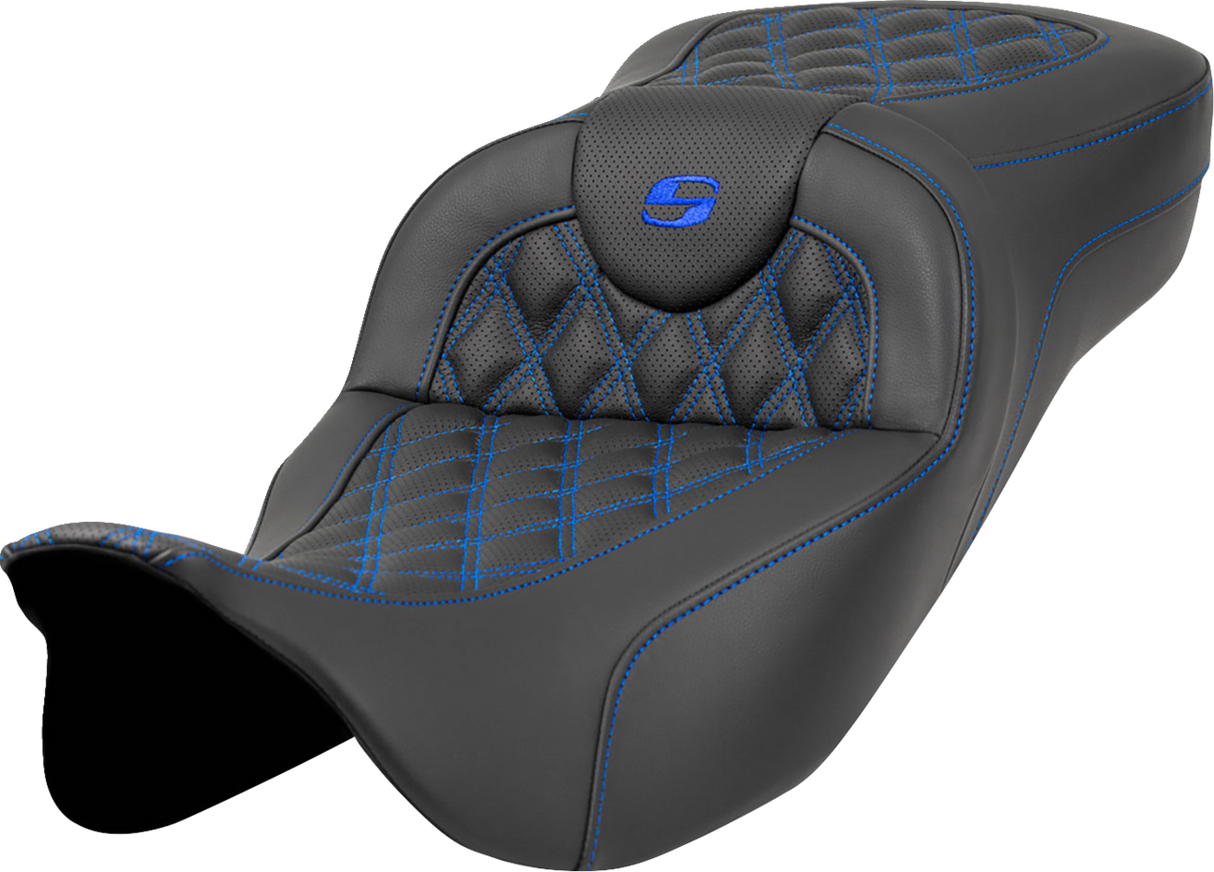 SADDLEMEN Extended Reach Roadsofa* Seat - Lattice Stitch - Blue Stitch - without Backrest - FL '08-'24 808-07B-18401