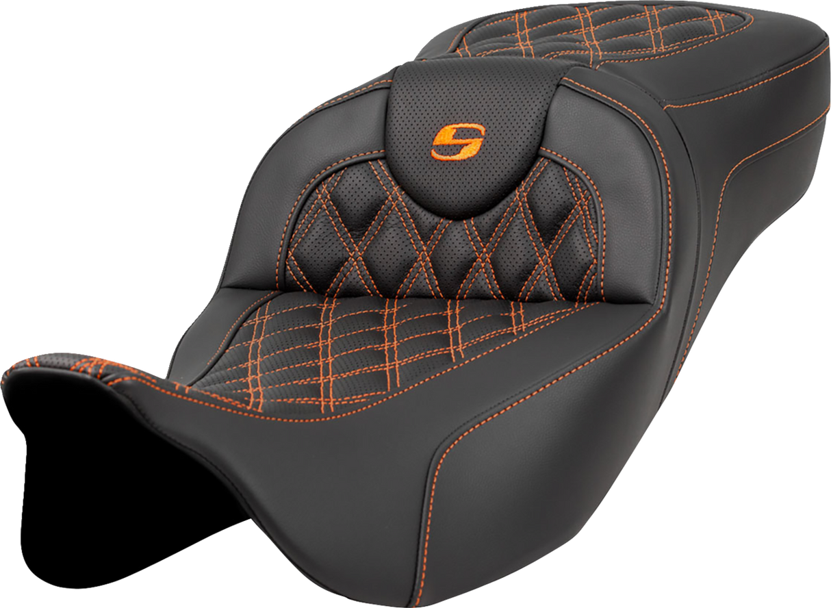 SADDLEMEN Extended Reach Roadsofa* Seat - Lattice Stitch - Orange Stitch - without Backrest - FL '08-'23 808-07B-18403