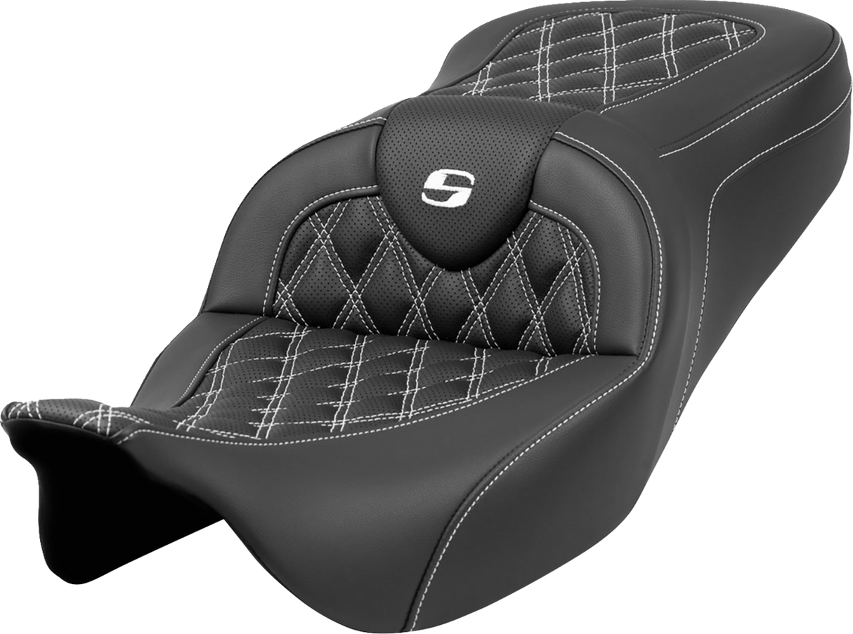SADDLEMEN Roadsofa* Seat - Lattice Stitch - White Stitch - without Backrest - FLH/FLT '08-'23 808-07B-18206