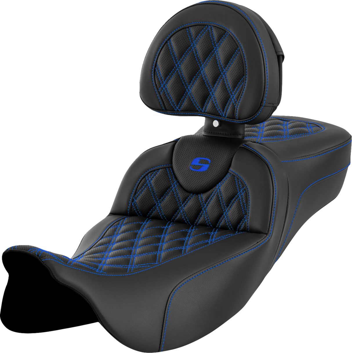 SADDLEMEN Roadsofa* Extended Reach Seat - Lattice Stitch - Blue Stitch - with Backrest - FL '08-'23 808-07B-184B1