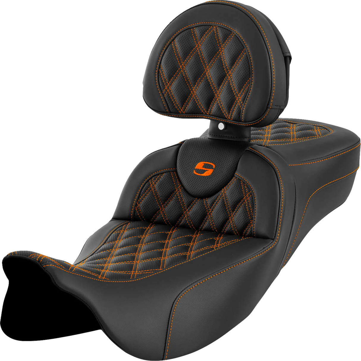 SADDLEMEN Roadsofa* Extended Reach Seat - Lattice Stitch - Orange Stitch - with Backrest - FL '08-'24 808-07B-184B3