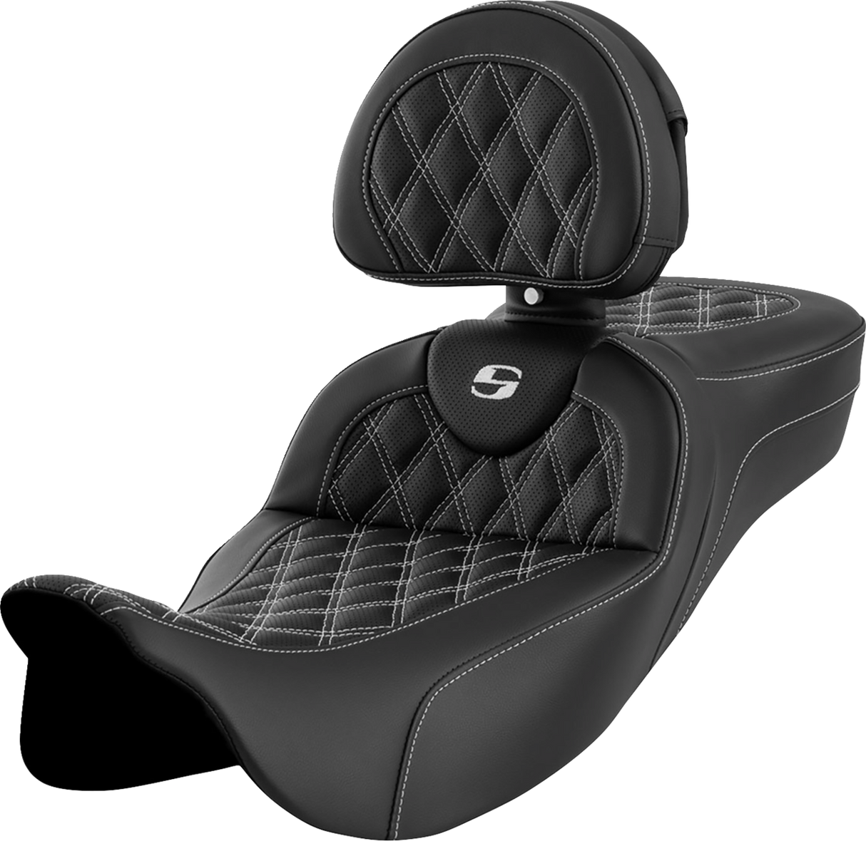 SADDLEMEN Roadsofa* Extended Reach Seat - Lattice Stitch - White Stitch - with Backrest - FL '08-'23 808-07B-184B6