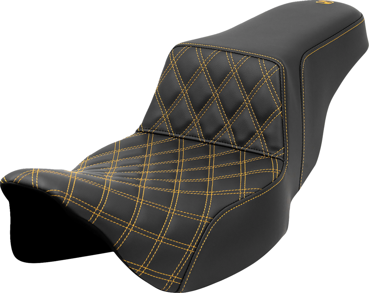 SADDLEMEN Step-Up Seat - Front Lattice Stitch - Gold Stitch - Extended Reach - FLH/FLT '08-'23 A808-07E-172GOL
