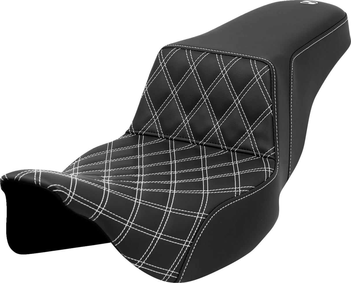 SADDLEMEN Step-Up Seat - Front Lattice Stitch - White Stitch - Extended Reach - FLH/FLT '08-'23 A808-07E-172WHI