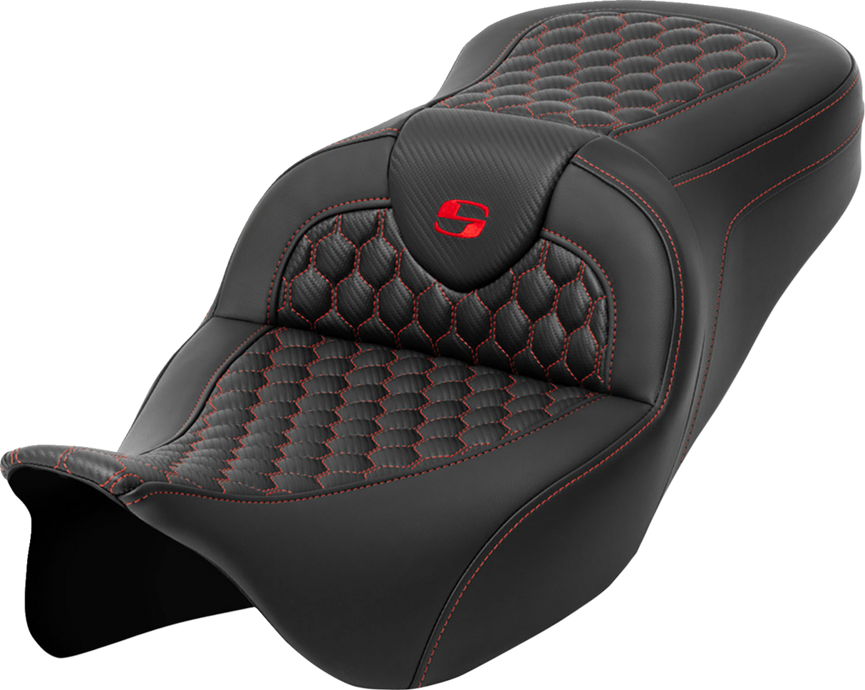 SADDLEMEN RoadSofa* Seat - Honeycomb - Red Stitch - without Backrest - FLH/FLT '08-'23 808-07B-18904