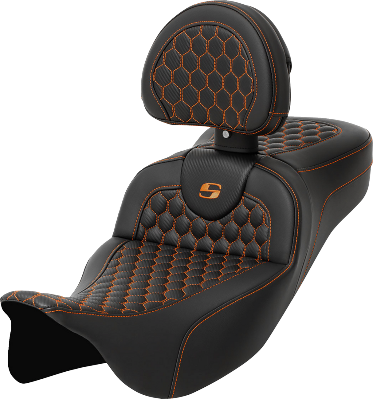 SADDLEMEN RoadSofa* Seat with Backrest - Honeycomb Pattern - Orange Stitch - Extended Reach - FLH/FLT '08-'23 - 808-07B-190B3