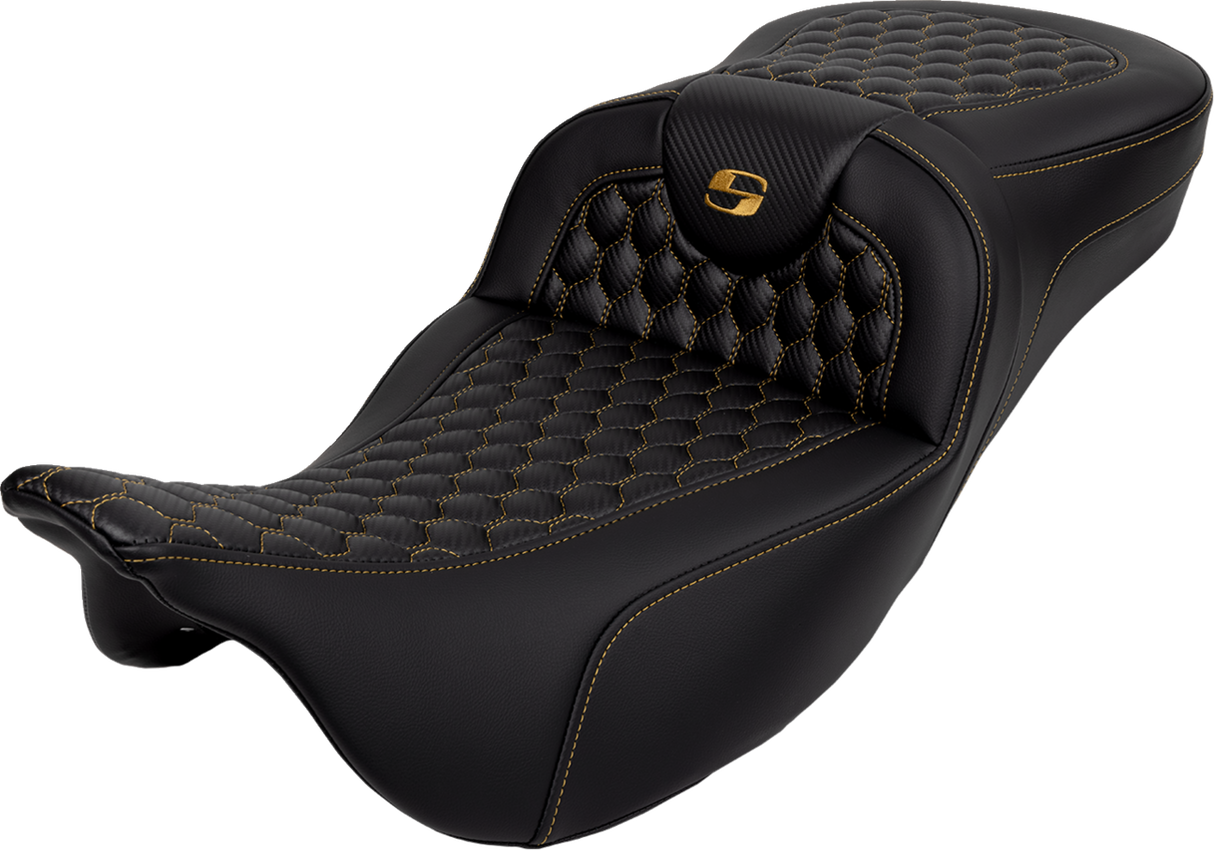 SADDLEMEN RoadSofa* Extended Reach Seat - Honeycomb with Gold Stitch - FLH/FLT '08-'23 808-07B-19007