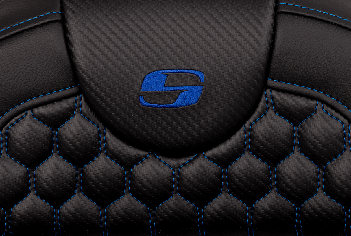 SADDLEMEN RoadSofa* Seat - Honeycomb - Blue Stitch - Extended Reach - FLH/FLT '08-'23 - Part 808-07B-19001