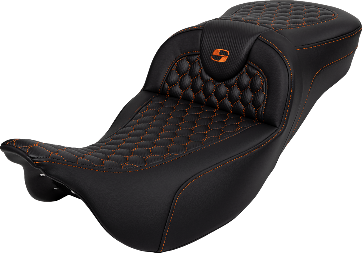 SADDLEMEN RoadSofa* Seat - Honeycomb - Orange Stitch - Extended Reach - FLH/FLT '08-'23 (Part Number: 808-07B-19003)