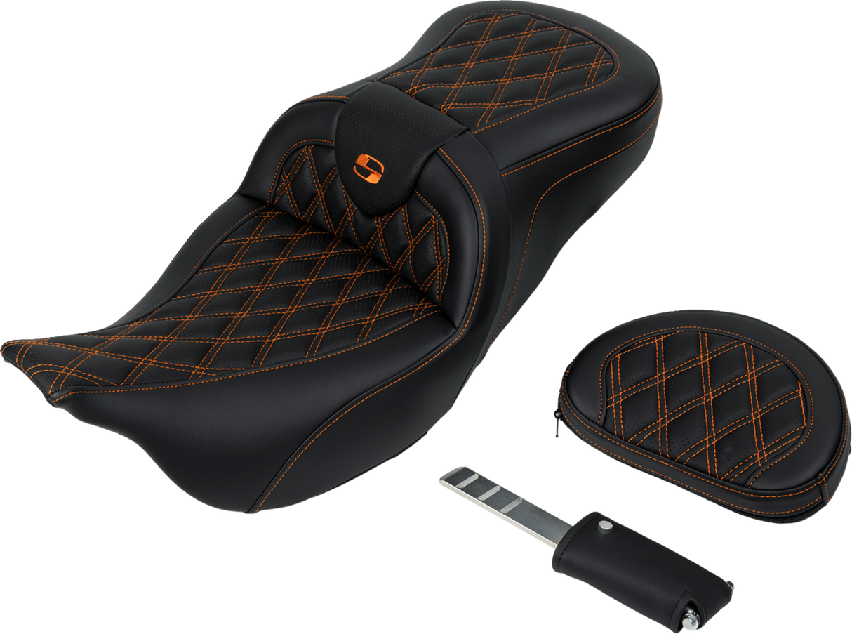 SADDLEMEN Roadsofa* Seat - with Backrest - Orange Stitch - FL '08-'23 808-07B-182B3