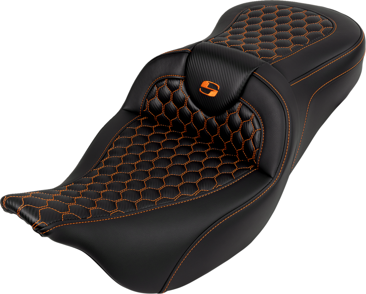 SADDLEMEN RoadSofa* Seat - Honeycomb - Orange Stitch - without Backrest - FLH/FLT '08-'23 808-07B-18903