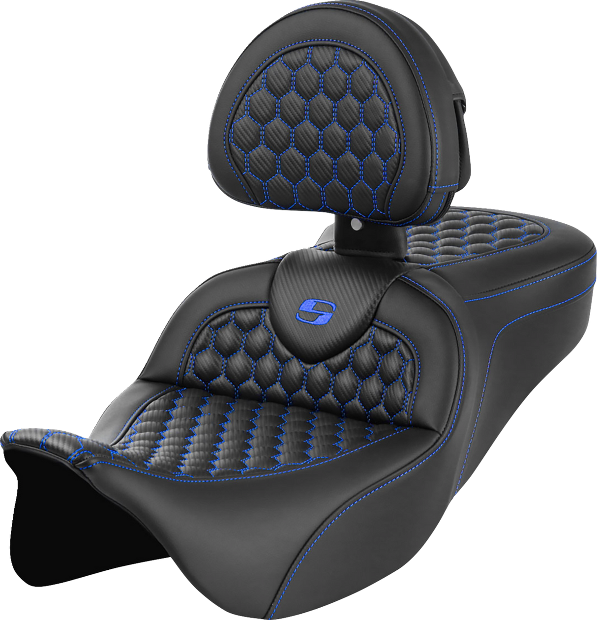 SADDLEMEN RoadSofa™ Seat - Honeycomb with Backrest - Blue Stitch - FLH/FLT '08-'23 - Part 808-07B-189B1