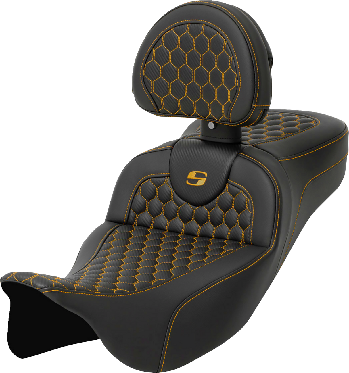 SADDLEMEN RoadSofa™ Seat - Honeycomb - Gold Stitch - Backrest - Extended Reach - FLH/FLT '08-'23 - 808-07B-190B7
