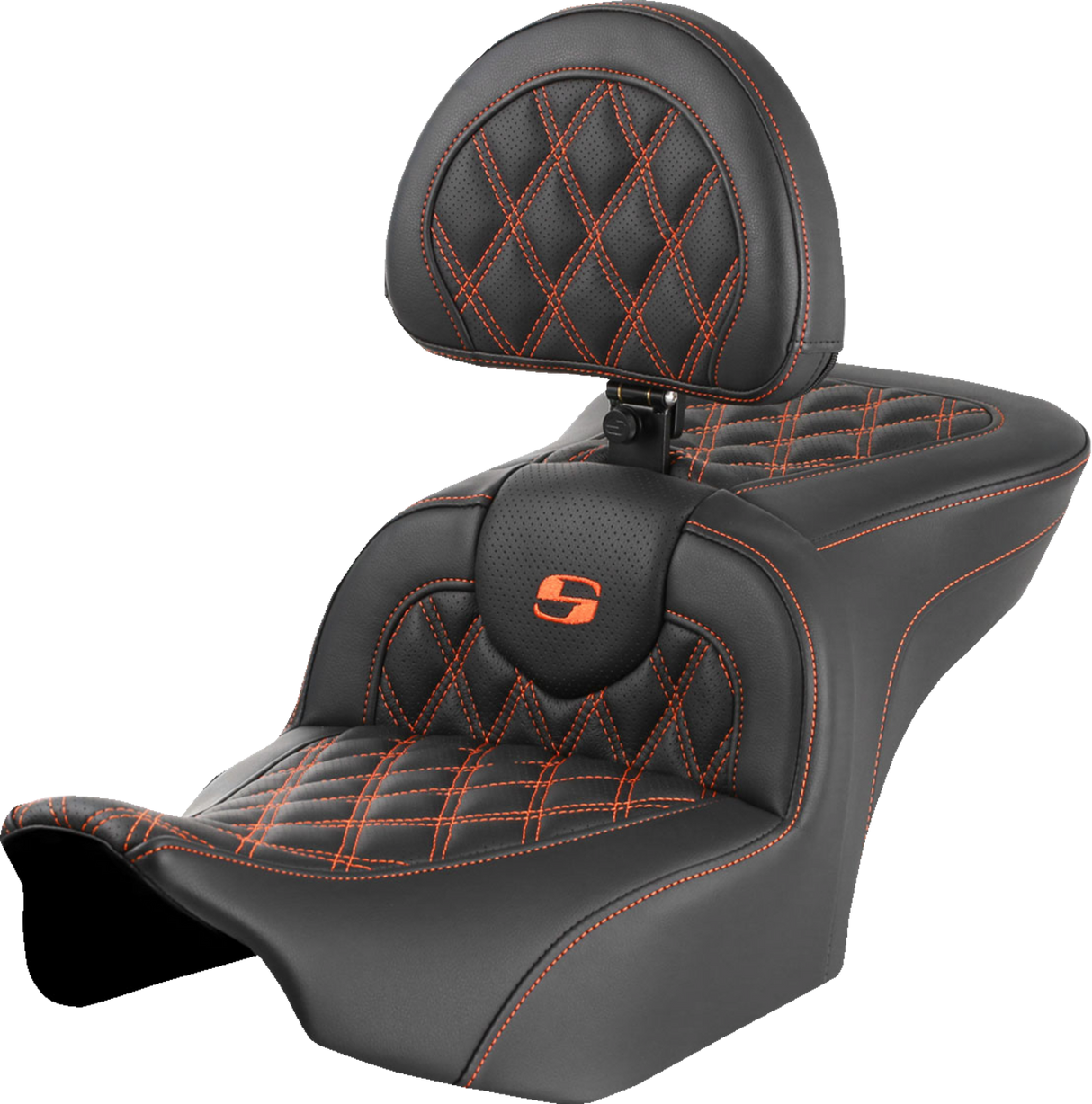 SADDLEMEN RoadSofa™ Seat - with Backrest - Lattice Stitch - Orange Stitch - FLTR/FLHX '23-'24 823-07-182B3