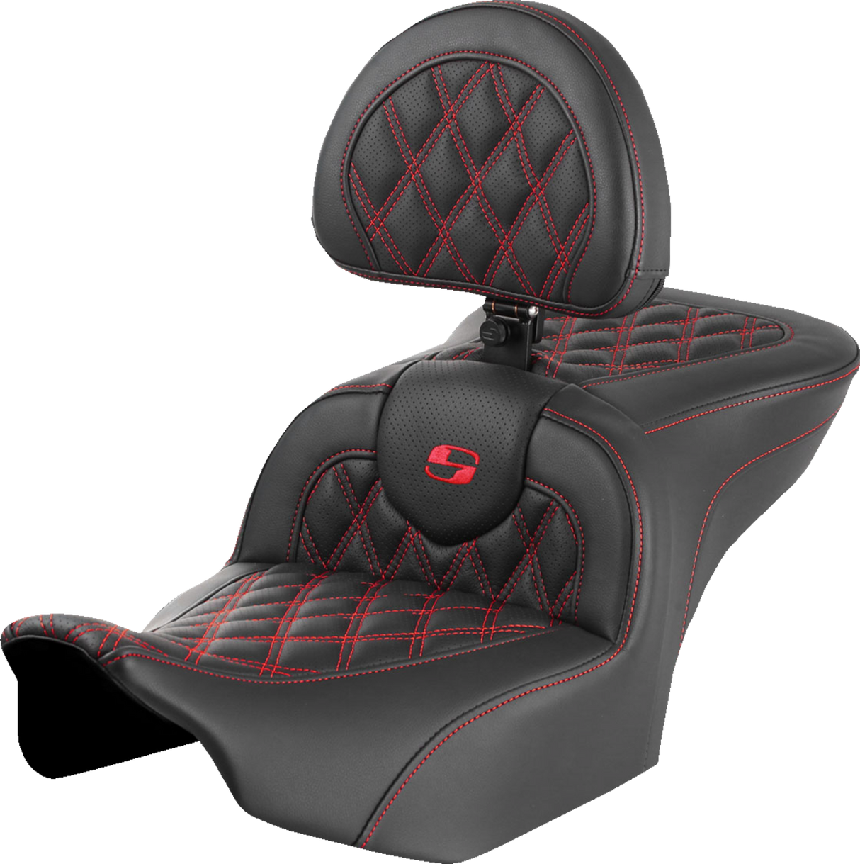 SADDLEMEN RoadSofa* Seat with Backrest - Lattice Stitch - Red Stitch - FLTR/FLHX '23-'24 - Part 823-07-182B4