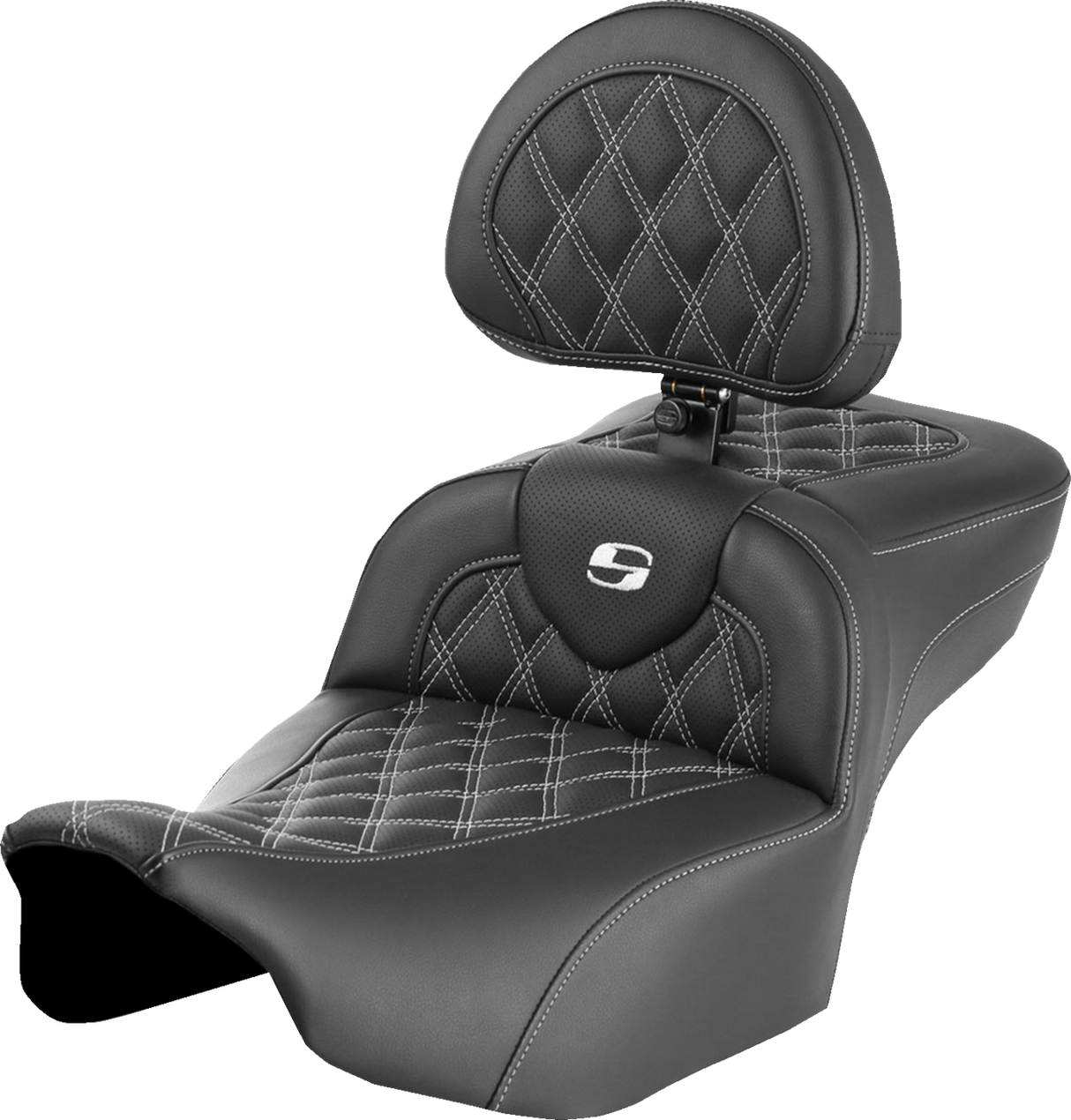 SADDLEMEN Roadsofa* Extended Reach Seat - with Backrest - Lattice Stitch - White Stitch - FLTR/FLHX '23-'24 823-07-184B6