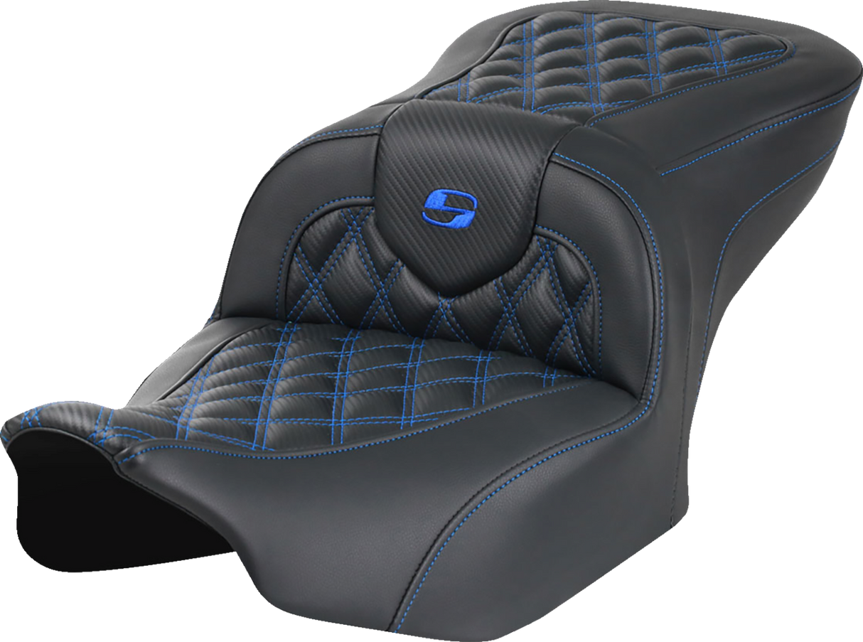 SADDLEMEN RoadSofa* Seat - without Backrest - Carbon Fiber - Lattice Stitch - Blue Stitch - FLTR/FLHX '23-'24 823-07-20601