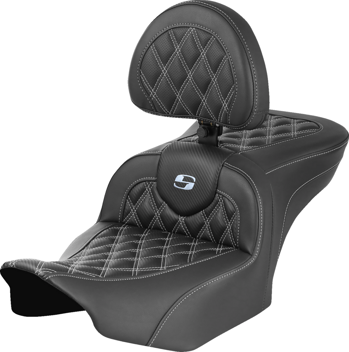 SADDLEMEN RoadSofa* Seat - with Backrest - Carbon Fiber - Lattice Stitch - Silver Stitch - FLTR/FLHX '23-'24 823-07-206B5