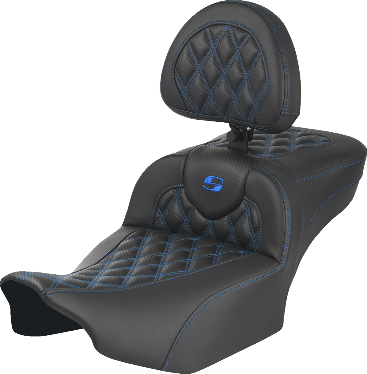SADDLEMEN Roadsofa* Extended Reach Seat - with Backrest - Lattice Stitch - Blue Stitch - FLTR/FLHX '23-'24 823-07-207B1