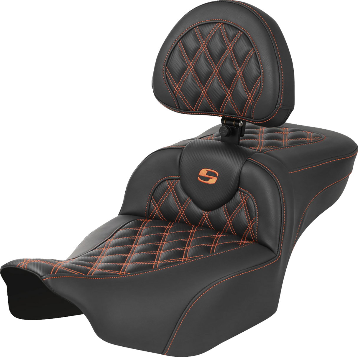 SADDLEMEN Roadsofa* Extended Reach Seat - with Backrest - Lattice Stitch - Orange Stitch - FLTR/FLHX '23-'24 823-07-207B3