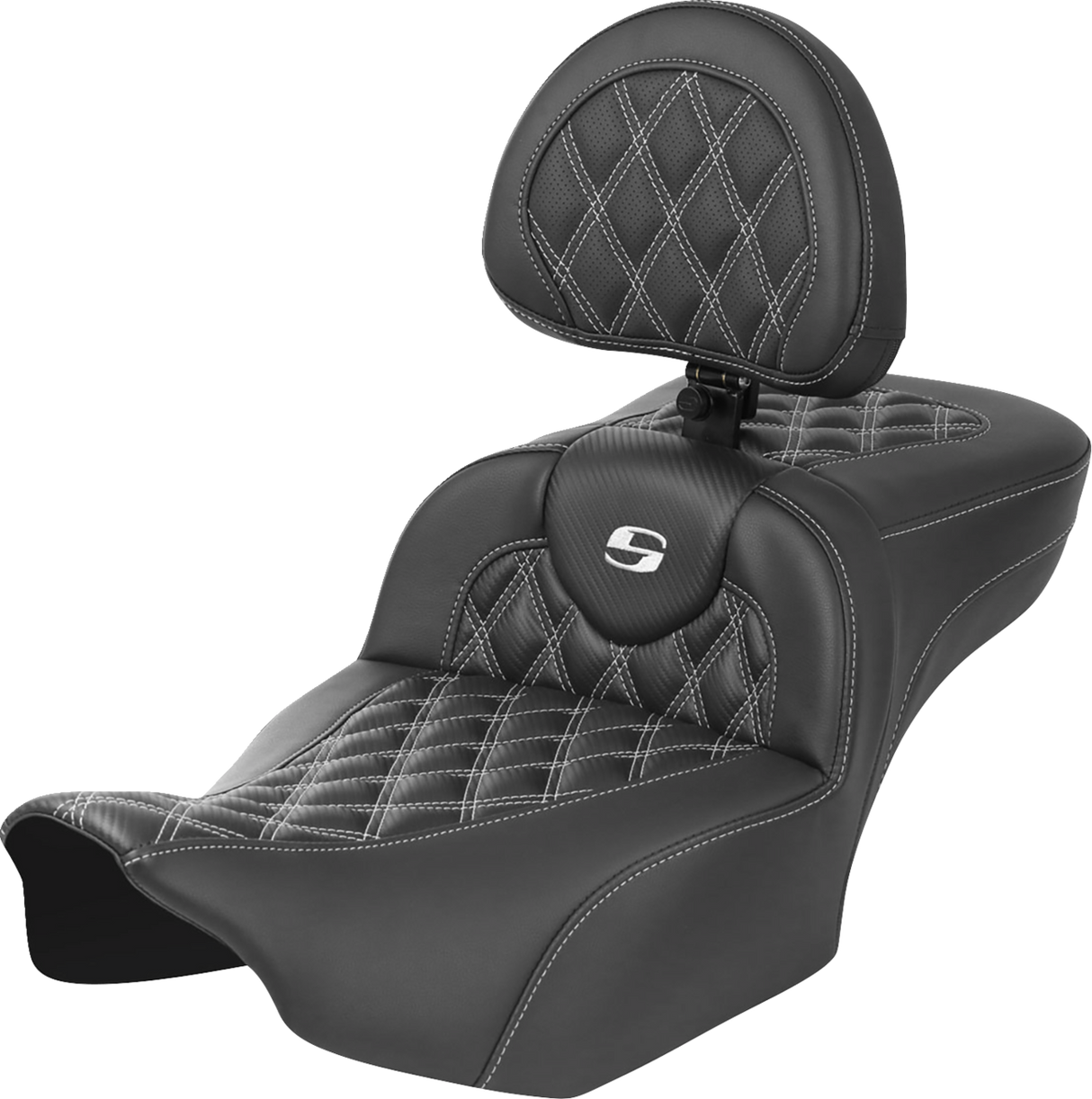 SADDLEMEN Roadsofa* Extended Reach Seat - with Backrest - Lattice Stitch - White Stitch - FLTR/FLHX '23-'24 823-07-207B6