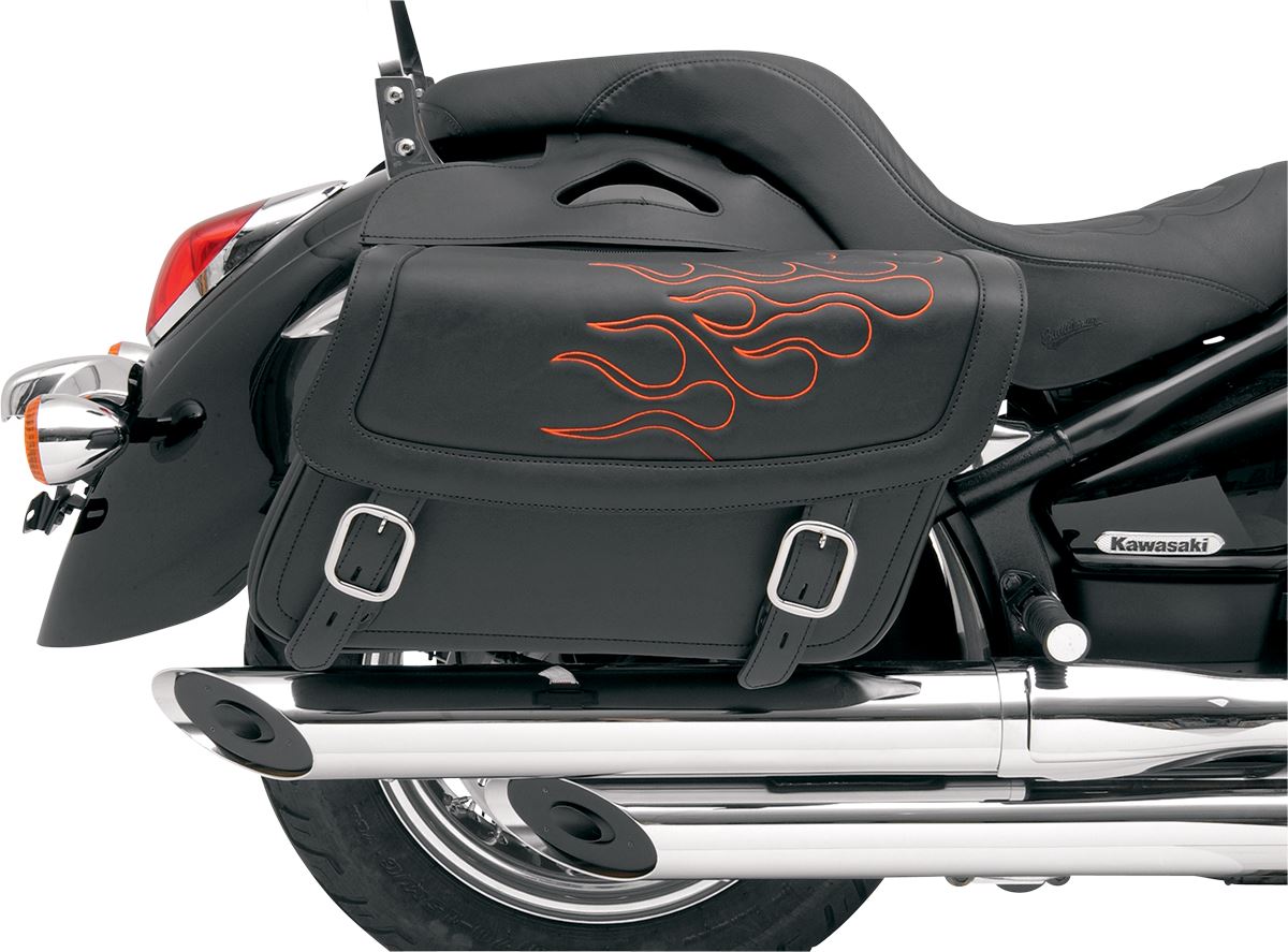 Saddlemen Flame Orange Large Motorcycle Saddlebags | Dual Leather Straps, Lockable Buckles & Removable Yoke