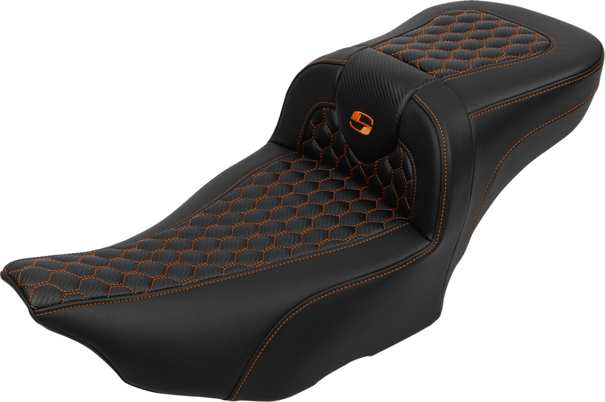SADDLEMEN Roadsofa* Extended Reach Seat - with Backrest - Honeycomb - Orange Stitch - FLTR/FLHX '23-'24 823-07-190B3