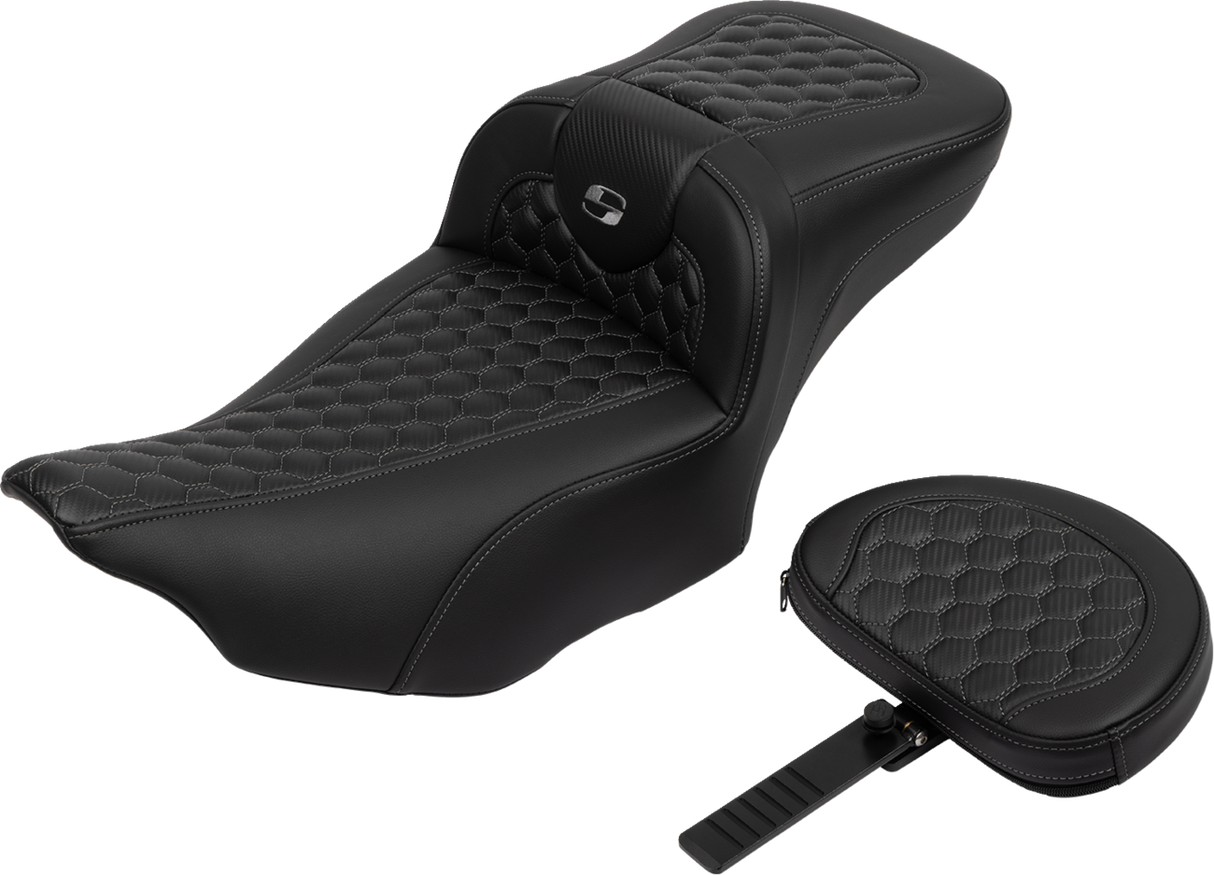 SADDLEMEN Roadsofa* Extended Reach Seat - with Backrest - Honeycomb - Dark Gray Stitch - FLTR/FLHX '23-'24 823-07-190B2