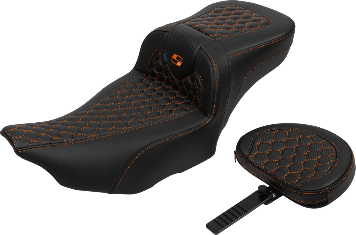 SADDLEMEN Roadsofa* Extended Reach Seat - with Backrest - Honeycomb - Orange Stitch - FLTR/FLHX '23-'24 823-07-190B3