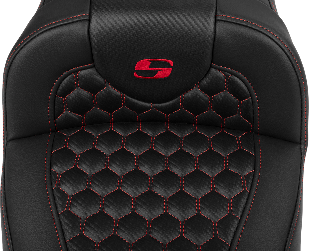 SADDLEMEN Roadsofa* Extended Reach Seat - with Backrest - Honeycomb - Red Stitch - FLTR/FLHX '23-'24 823-07-190B4