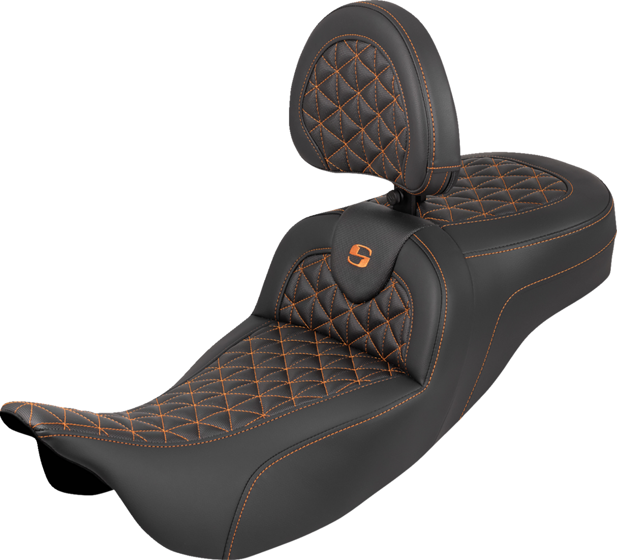 SADDLEMEN RoadSofa™ Tri Gripper Seat - Standard Reach - Orange Stitch - w/ Backrest - FLH/FLT '08-'25 808-07B-211B3
