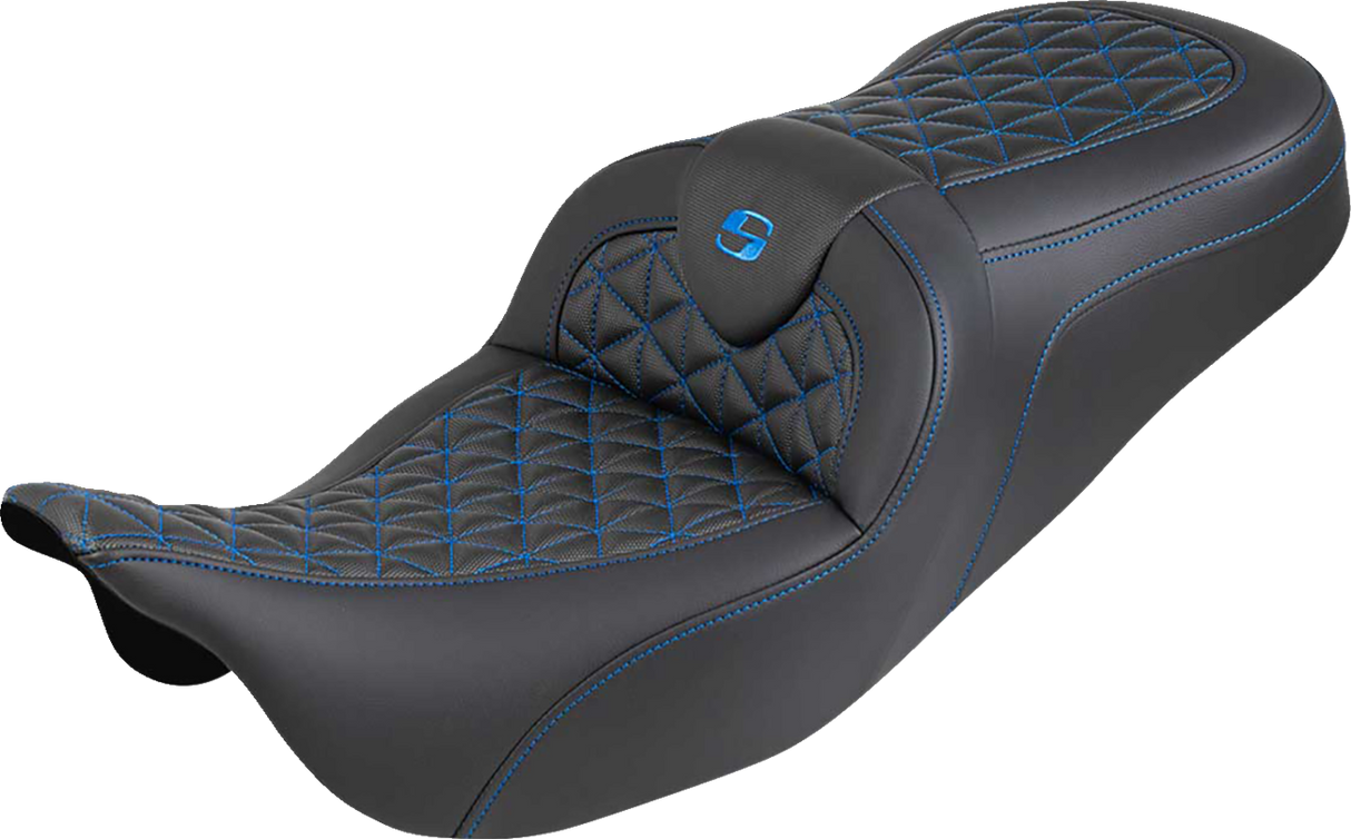 SADDLEMEN RoadSofa™ Tri Gripper Seat - Standard Reach - Blue Stitch - w/o Backrest - FLH/FLT '08-'25 808-07B-21001