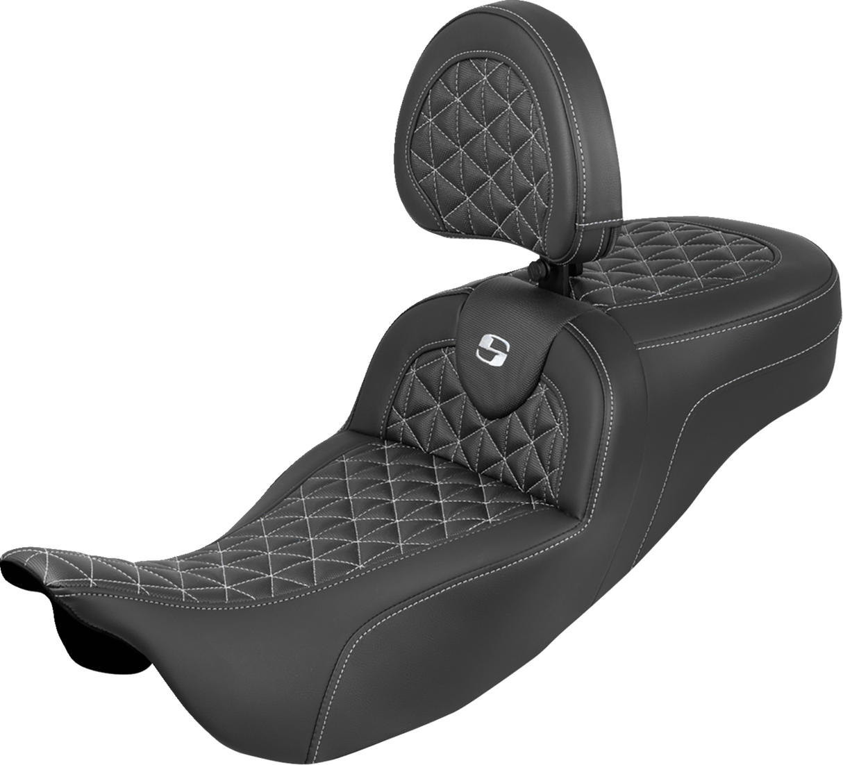 SADDLEMEN RoadSofa™ Tri Gripper Seat - Standard Reach - White Stitch - w/ Backrest - FLH/FLT '08-'25 808-07B-211B6