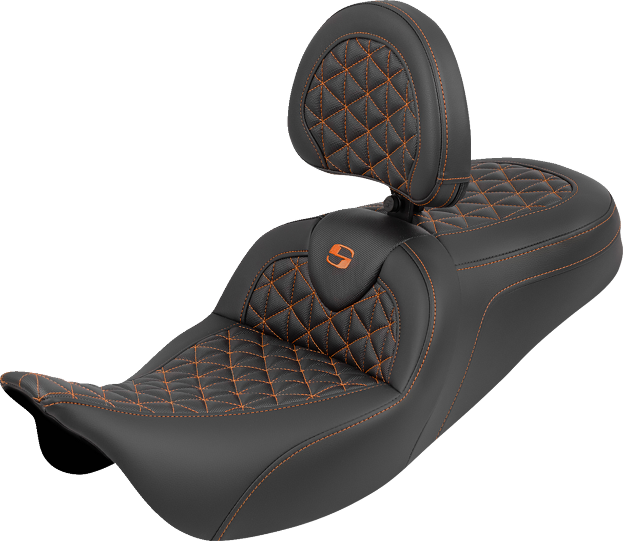 SADDLEMEN RoadSofa™ Tri Gripper Seat - Standard Reach - Orange Stitch - w/ Backrest - FLH/FLT '08-'25 808-07B-210B3