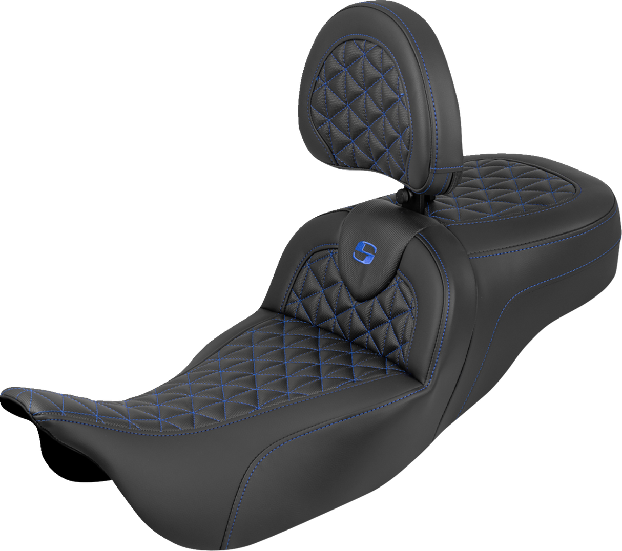 SADDLEMEN RoadSofa™ Tri Gripper Seat - Standard Reach - Blue Stitch - w/ Backrest - FLH/FLT '08-'25 808-07B-211B1