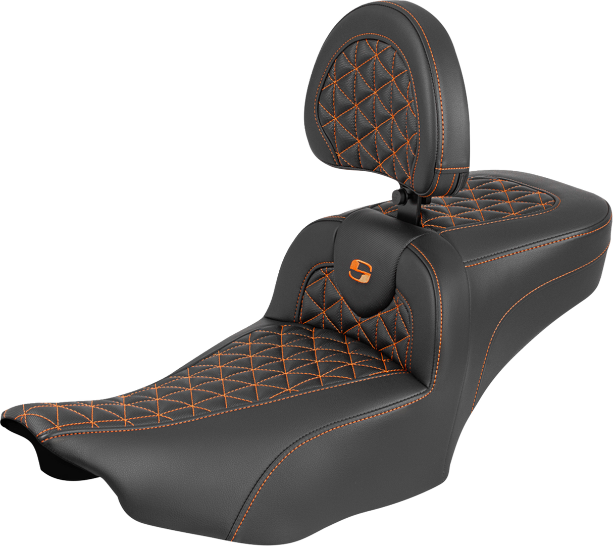 SADDLEMEN Roadsofa™ Extended Reach Seat - with Backrest - Orange Stitch - FLH/FLT '23-'25 823-07-211B3