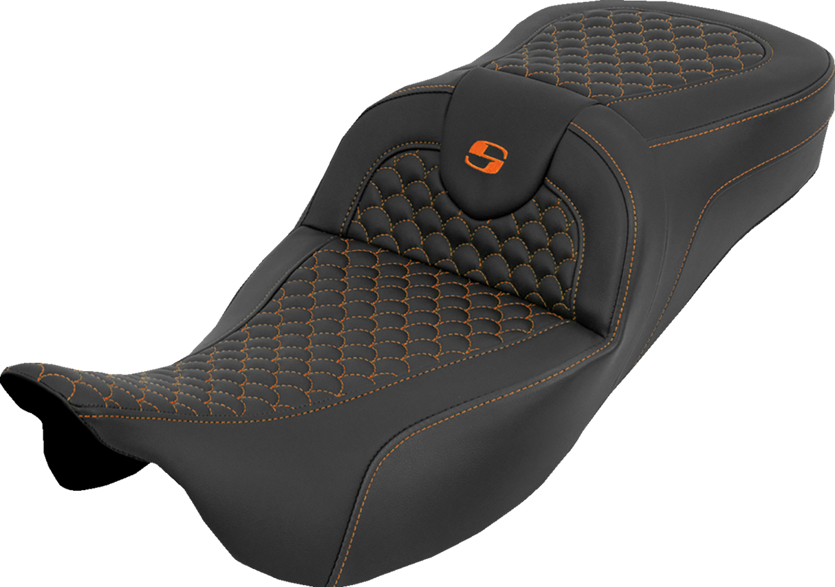 SADDLEMEN Extended Reach RoadSofa™ Seat - Dragon Scale - w/o Backrest - Orange Stitch - FLH/FLT '08-'25 808-07B-20903