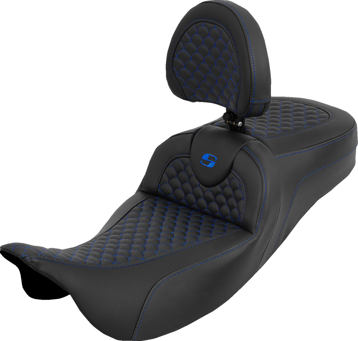 SADDLEMEN Extended Reach Roadsofa™ Seat - Dragon Scale - Blue Stitch - with Backrest - Touring '08-'25 808-07B-209B1