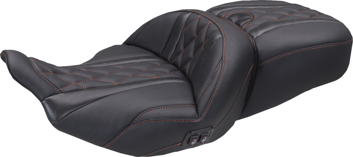 MUSTANG Heated Super Touring One Piece 2-Up Seat - Deluxe Diamond - American Beauty Stitch - FLT/FLH '23-'25 89410AB