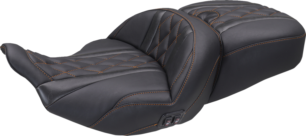 MUSTANG Heated Super Touring One Piece 2-Up Seat - Deluxe Diamond - Mandarin Orange Stitch - FLT/FLH '23-'25 89410MO