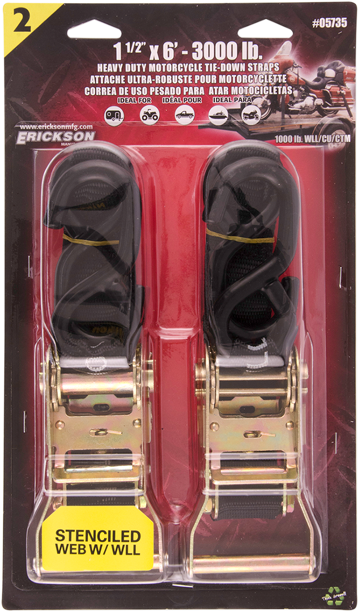 Erickson 05735 Tie-Down Straps - Ratchet - 1-1/2" x 6' - Black | ATV/UTV/Off-Road