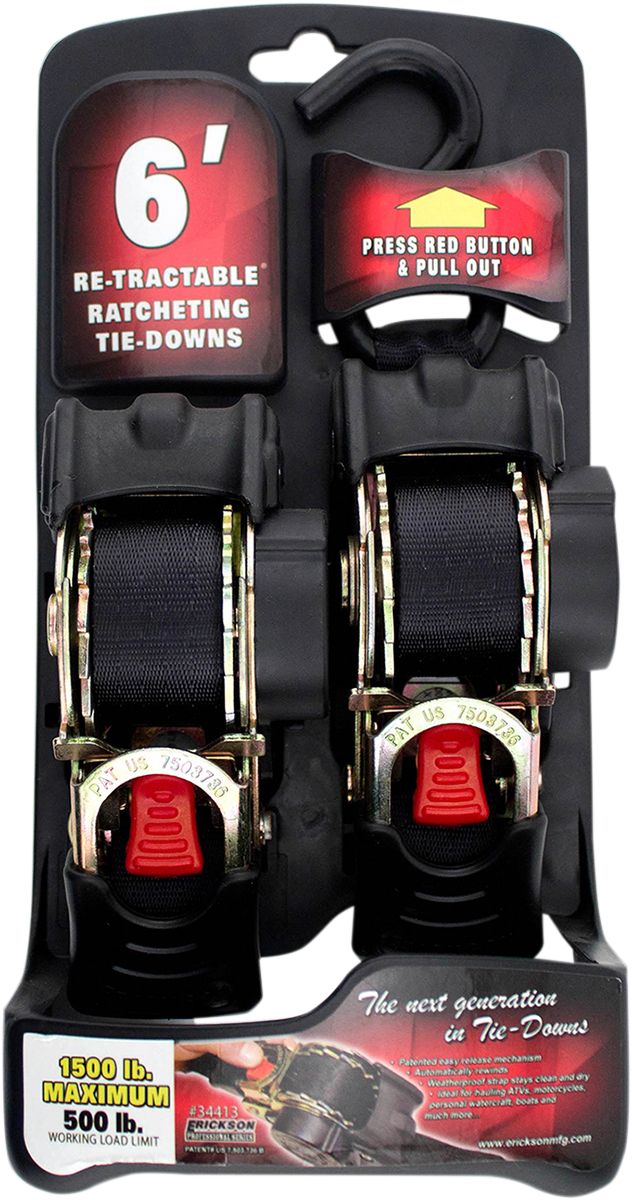 Erickson 34413 Retractable Ratchet Tie-Downs - 6' - Black | Adventure/ATV/UTV