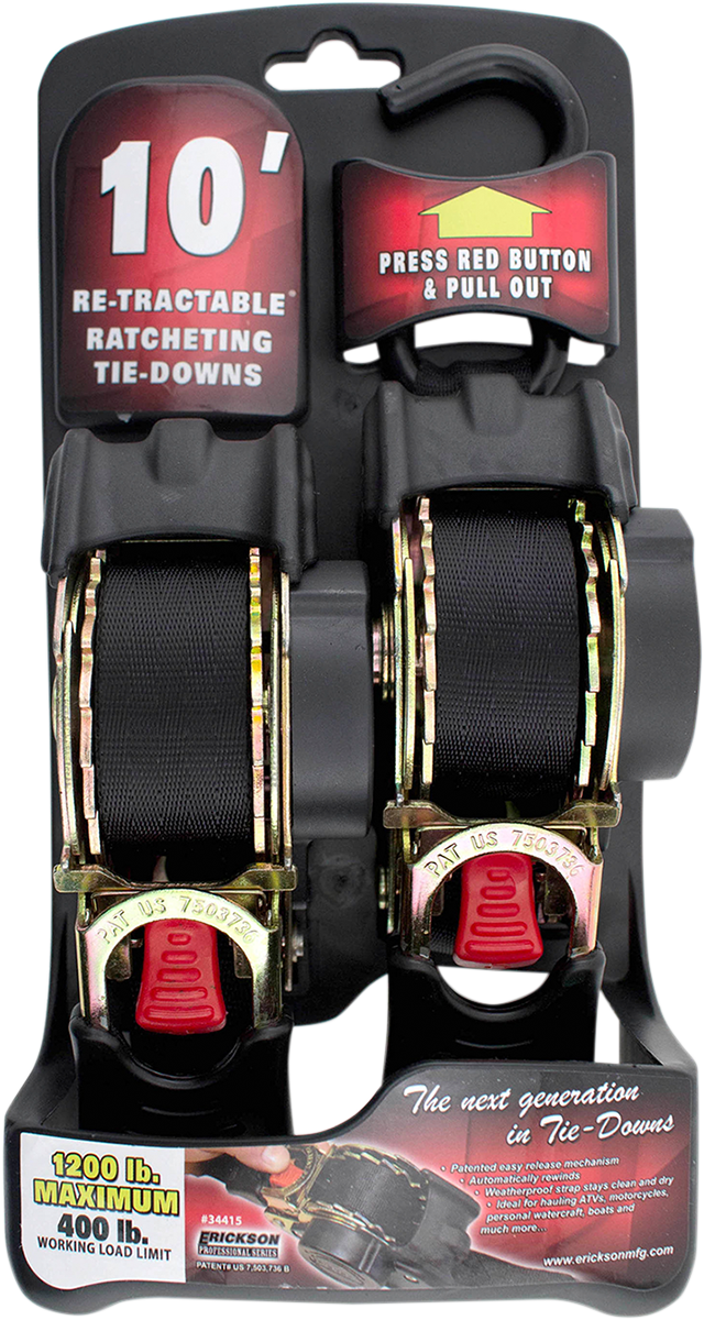 Erickson 34415 Retractable Ratchet Tie-Downs - 10' - Black | Adventure/ATV/UTV