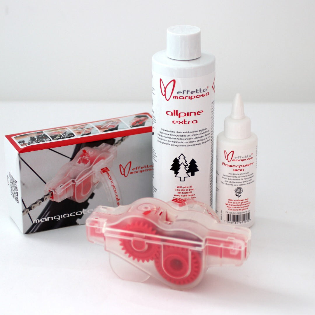 Chain Care Essentials Pack with Mangiacatena Tool, Allpine Extra Degreaser, and Flowerpower Wax