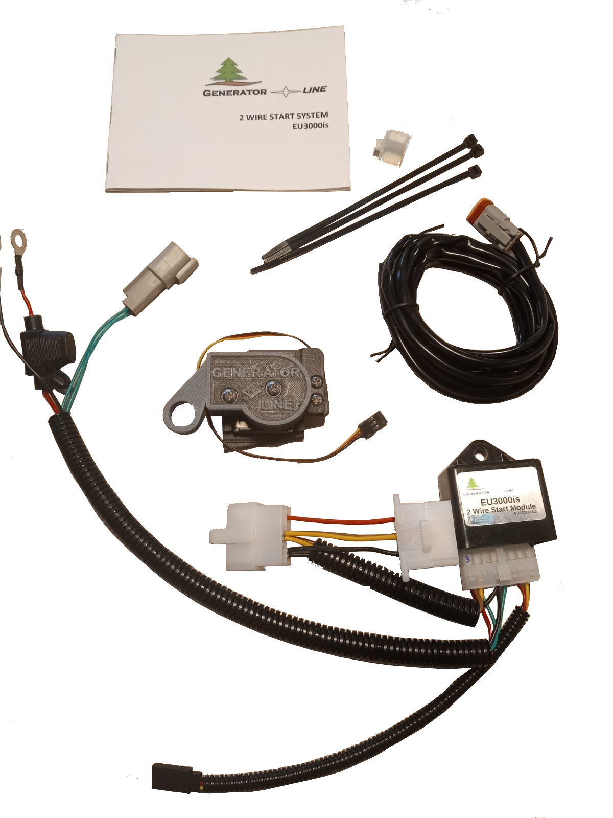 Electrical components and wiring kit with connectors on a white background making Generator Line's EU3W2