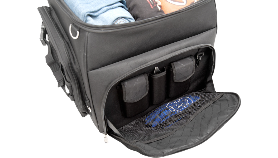 Saddlemen BR4200 Motorcycle Sissy Bar Bag | Expandable Pockets, Adjustable Backrest & Rain Cover