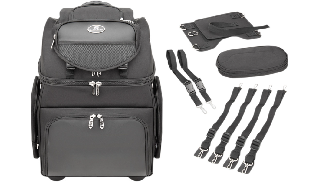 Saddlemen BR4200 Motorcycle Sissy Bar Bag | Expandable Pockets, Adjustable Backrest & Rain Cover