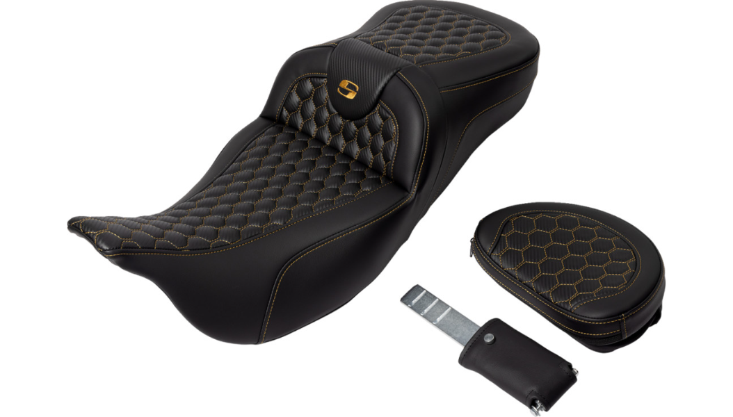 SADDLEMEN RoadSofa™ Seat - Honeycomb - Gold Stitch - Backrest - Extended Reach - FLH/FLT '08-'23 - 808-07B-190B7