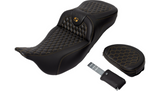 SADDLEMEN RoadSofa™ Seat - Honeycomb - Gold Stitch - Backrest - Extended Reach - FLH/FLT '08-'23 - 808-07B-190B7